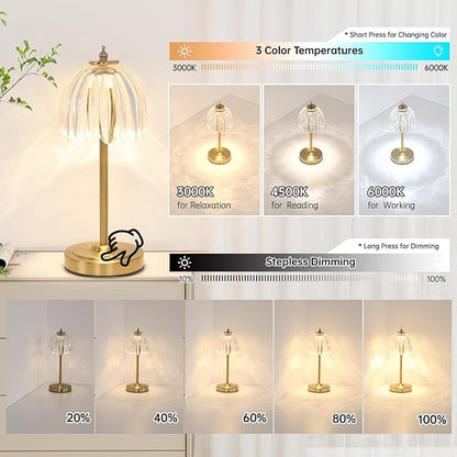 Set of 2 Cordless Table Lamp with 5000mAh Battery & Touch Control - 3 Adjustable Color Temperatures, Dimmable RechargeableTable Lamps for Bedroom, Office Desk, Nightstand (Transparent Tulip)