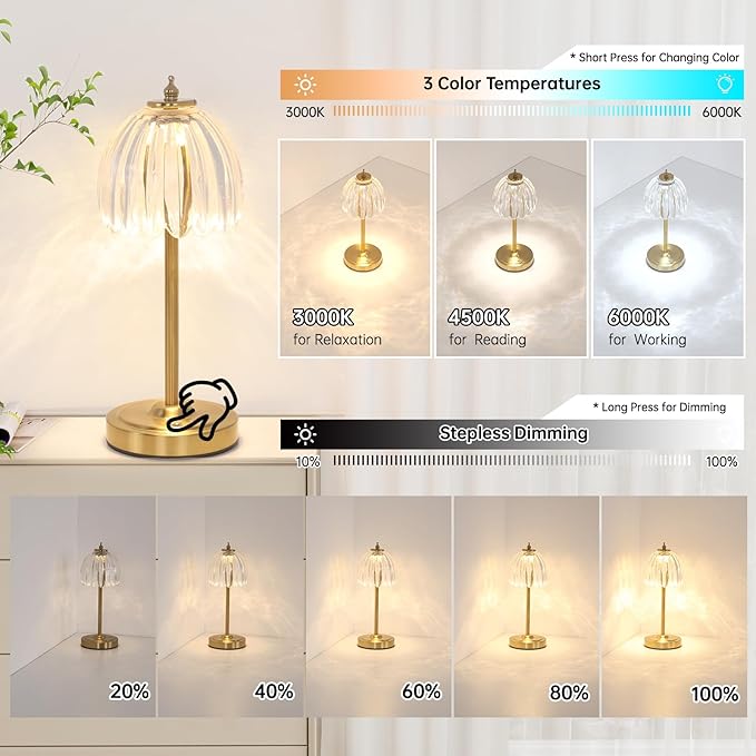 Cordless Small Table Lamp with 5000mAh Battery & Touch Control - 3 Adjustable Color Temperatures, Dimmable Rechargeable Table Lamps for Living Room, Bedroom, Desk, Bedside (Transparent Tulip)
