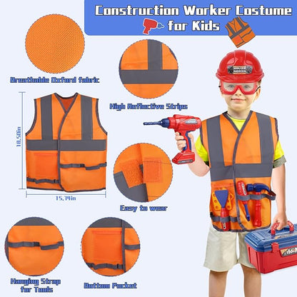 Kids Tool Set, MAGIC4U 49PCS Toddler Tool Set with Electronic Toy Drill,Tape Measure 12 Tool Equipment,Pretend Play Construction Costume with Safety Vest Hat,Toy Tool Box for Kids Boy Girl Age 3-8