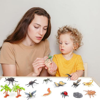 UNIQUE KIDS Mini Insect Figure Creatures in Tube 15 pcs Set | Realistic Tiny Little Animals for Sensory Bin, Birthday Party Favor, Toddler 3-5 (Insect)
