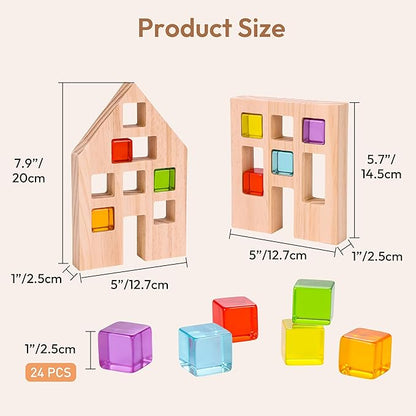 Woodtoe Wooden Building Blocks Set for Kids, 24 PCS Rainbow Gem Cubes Stacking Blocks - 2 Wood House, Montessori Stacking Toy for Toddlers, Educational STEM Learning Toy for Boys Girls 3-6