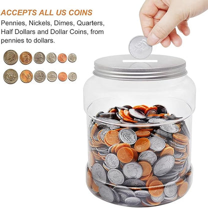 Large Clear Coin Bank Jar with Slotted Lid, Big Plastic Money Tip Change Savings Coin Jar for Piggy Bank or Raffle Ticket, Clear Money Coin Tip Piggy Change Bank Box for Adults Teens Kids