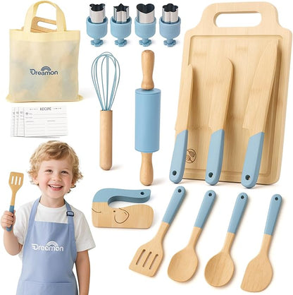 29 PCS Wooden Kids Cooking Set, Toddler Montessori Cooking & Baking Kitchen Tools for Real Cooking, 3 Knifes, Real Cutting Board, Apron, Kid Safe Kitchen Utensils for 3+ Year Old Boys Girls Gift