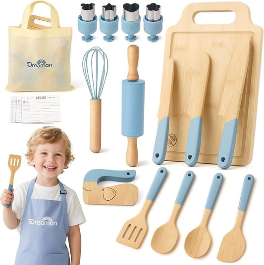 29 PCS Wooden Kids Cooking Set, Toddler Montessori Cooking & Baking Kitchen Tools for Real Cooking, 3 Knifes, Real Cutting Board, Apron, Kid Safe Kitchen Utensils for 3+ Year Old Boys Girls Gift