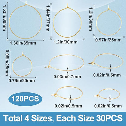 Pndeyo 120pcs Hypoallergenic Earring Beading Hoops, 20mm 25mm 30mm 35mm Round Hoop Earrings Findings, Open Earring Wire Ring Accessories for Jewelry Making- Gold