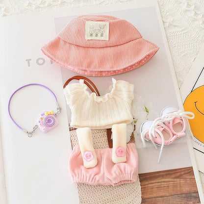 Clothes for Dolls Accessories (No Doll), Cute Outfit Set 5 Pieces Bib Pants for 15 & 17cm Doll Suit, Stylish Dress Up Overalls Doll Clothing Set Replacement with Hat Clothes Shoes Pink
