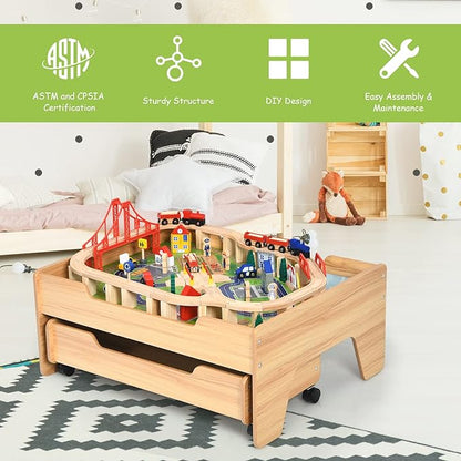 GLACER 100 Pieces Train Table, Wooden Activity Table with Storage Drawer, Tracks, Vehicles, Buildings, Wheels, Multipurpose Painted Train Table Set for Toddlers 3-5+, Gift for Boys Girls