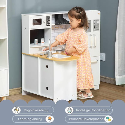 Qaba Pretend Play Corner Kitchen, Interactive Wooden Kids Play Kitchen w/Realistic Sounds, Telephone, Refrigerator, Oven, Microwave, Gift for Toddlers Aged 3+