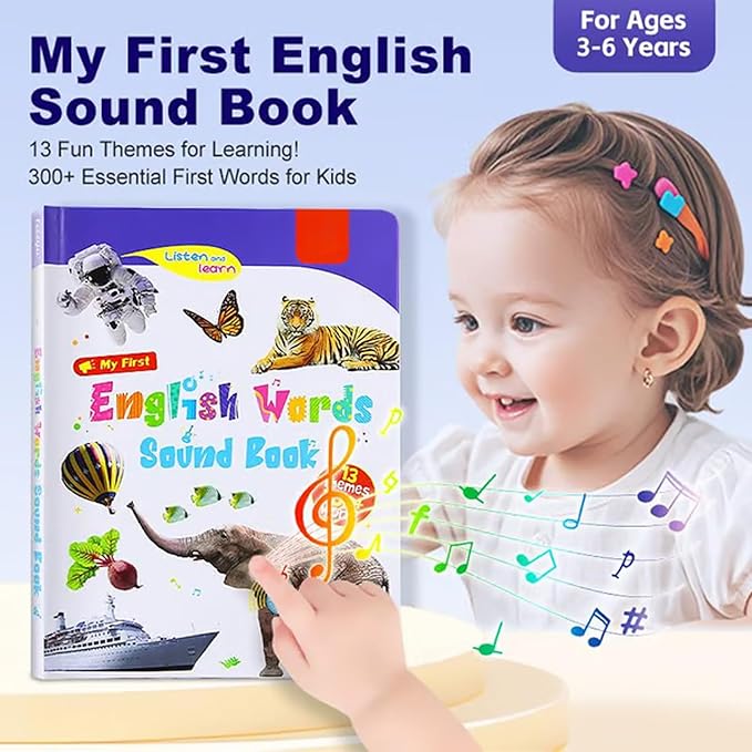 My First English Words Sound Book Toy, English Learning Talking Book for Kids 2 3 4 5 6 Years Old, Interactive Electronic Audio Toddler Books, 470+ Words, 21 Themes, Press to Learn Phonics (3-9y)