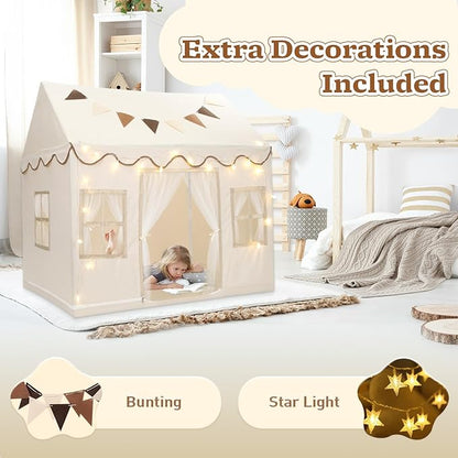 Kids Play Tent, Toddlers Large Playhouse with Star String, Flag, Machine Washable, Indoor and Outdoor Play Tent for Kids, Girls & Boy Aged 3+, 50" x 34" x 51", Cream