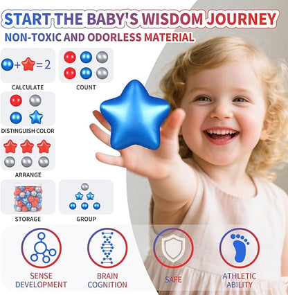 Ball Pit Balls Plastic Stars for Ball Pit BPA Free Plastic Balls Crush and Smash Proof Balls 100pcs 2.2" Set for Toddlers for Play Tent Tunnel (Red+Blue+Silver)