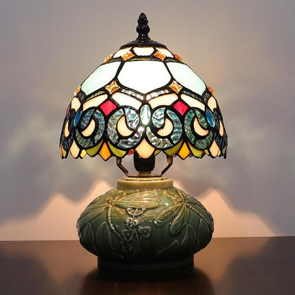 Small Tiffany Lamp Mushroom Table Lamp, Mini Stained Glass Desk Light Memory Sympathy Ceramic lamp 8X11 Inch (Sapphire Style)