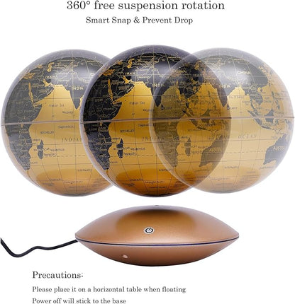 Floating Magnetic Levitation LED Globe, 6 Inch, Gold, Political Map, Metal Base
