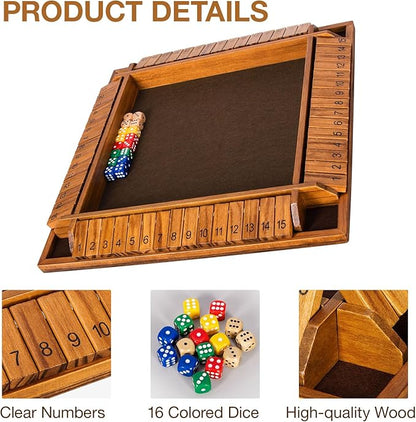 Upgraded 16.54’’ Shut The Box Dice Game with 15 Numbers for 1-4 Players, Large Wooden Board Math Game 16 Dices, Tabletop Games Kids Adults Family Party Birthday