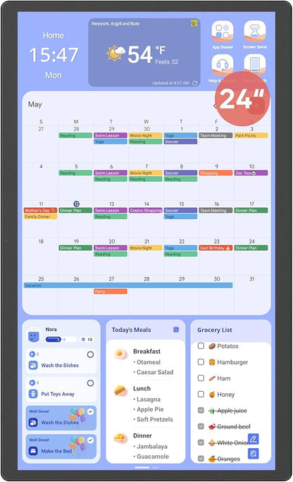 Cozyla Mate Digital Calendar+ 2: 24 Inch Wall Touch Screen Chore Chart Customize Dashboard Smart Electronic Calendar for Family Schedules Meal Planner Supports All Google Play Apps Wall Mount Black