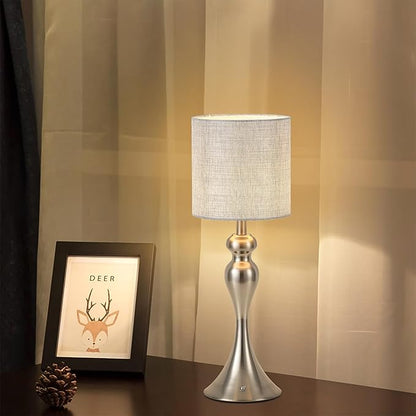 Table Lamp for Bedroom, Cordless Bedside Lamps for Living Room, Touch 3-Way Dimmable Desk Lamp for Night Stands, Rechargeable, Battery Operated Lamp with Fabric Shade for Dorm, Home Office (Nickel)
