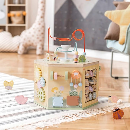 ROBUD 13-in-1 Wooden Activity Cube, Montessori Toys for 1+ Year Old Boys & Girls, Multipurpose Educational Sensory Toy for Toddlers, Educational Learning Toys, Fountain Garden Theme