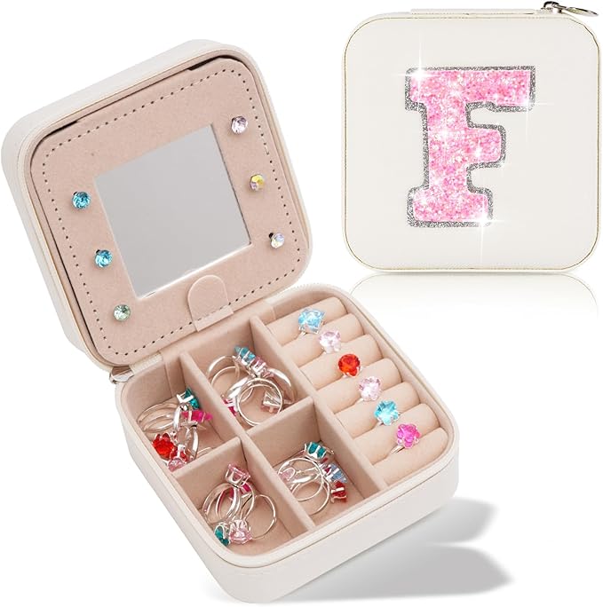Personalized Jewelry Case for Women Girls - Fashion Mini Jewelry Boxes - Trendy Travel Jewelry Organizer with Initials Letter - Teen Gifts | Cream,F