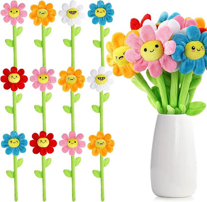 18 Pcs Plush Smile Flower Stuffed Bendable Stems Plush Bouquet Toy Soft Floral 12.6 Inch for Graduation 2025 Mother's Day Valentines Day Girl Girlfriend Wife Family and Friends(Lovely Style)