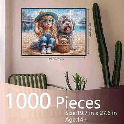 Tucocoo 1000 Piece Jigsaw Puzzle for Adults, Beach Scene with Girl, Dogs and Basket – Summer Coastal Puzzle – Whimsical and Relaxing Art Puzzles for Adults, DIY Fun Brain Challenge Gift Home Decor
