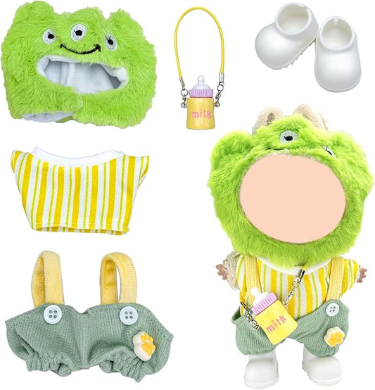 5 Piece Set -Premium Fashion Cute Clothes for 17cm Dolls,Stylish Accessaries Clothes Dress-Up,Includes—Plush Hat + Striped Top + Overalls + Bottle Charm + Shoes (Style K)