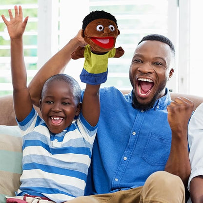 1 Pcs Family Hand Puppets 12 Inch Grandparents, Mom & Dad, Brother & Sister Plush Hand Puppet Toys Role-Play Toy Puppets for Kids Storytelling Imaginative Pretend Play Teaching Preschool(Black Bro)