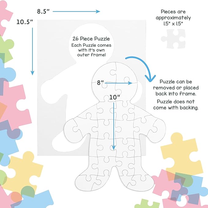 Hygloss 8 Blank Person-Shaped Puzzles with Envelopes – 8.5 x 10.5 Inches – Ideal for All-About-Me Activities – Write, Draw, and Decorate – 26 Pieces Each