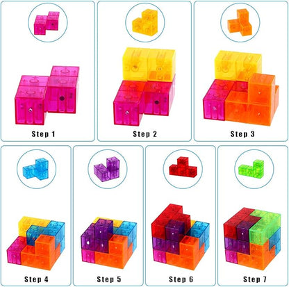Magnetic Building Blocks Magic Magnetic 3D Puzzle Cubes, Set of 7 Multi Shapes Magnetic Blocks with 54 Guide Cards, Intelligence Developing and Stress Relief Fidget Toys