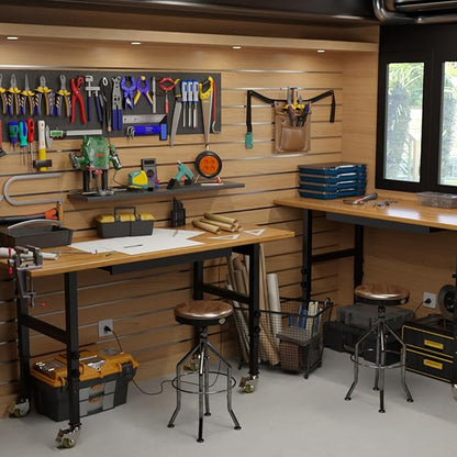 60" Adjustable Workbench with Drawer, Movable Heavy-Duty Workstation with Locking Wheel, 2000 LBS Worktable with Power Outlets, Wooden Work Bench for Garage, Workshop, Office