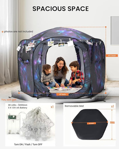 Kids Pop Up Play Tent with Fairy Lights, Hexagonal House with Removable Mat, Indoor Playhouse for Children, Galaxy Theme Gift for 3-4 Kids