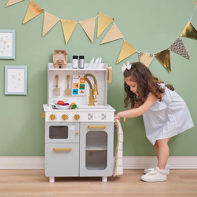 Teamson Kids Little Chef Memphis Wooden Play Kitchen for Toddlers with 16 Accessories, Realistic Pretend Cooking Set with Microwave Oven Sink Faucet Storage for Kids Ages 3+ Gray Gold Marble