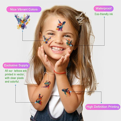 Aresvns Watercolor Cute Animals Temporary Tattoos for Kids, 117 Patterns Kwaii Lion Dog Wolf Owl Butterfly Tattoo for Girls Boy Tiny Tattoo for Birthday Party Decoration Supplies Summer Accessories