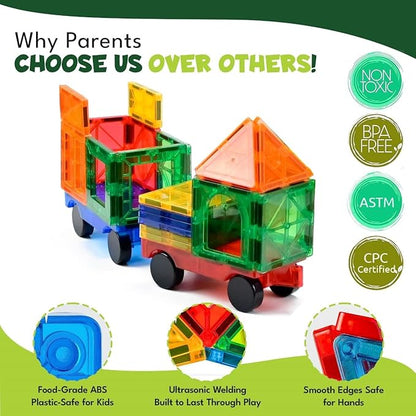 Magnetic Tiles 136 PCS with 2 Cars – STEM Building Blocks for Kids, Educational Gift for Boys & Girls