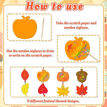 Eternity sky 64 Sets Fall Thanksgiving Crafts Colorful Leaves Pumpkin Scratch Art, Autumn Magic DIY Kit Classroom Activities Party Favors