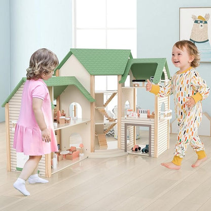 GLACER Wooden Dollhouse, Pretend House w/ 6 Rooms, 3 Storytelling, Ample Accessories, Stair & Door, Ideal Gift for Kids 3+ Years Old