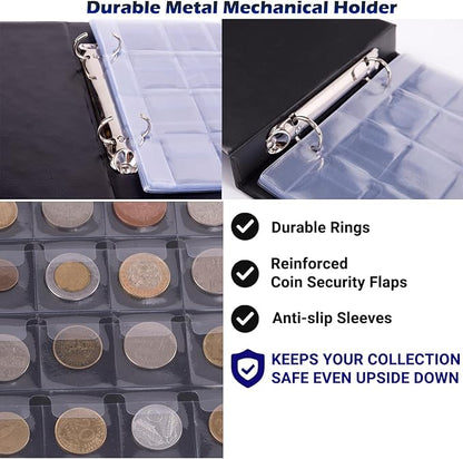 3in1 Coin Holder Album 180 Pockets - Paper Money Collection 10 Pockets - Large Storage Book for Collectors and Great for Gold Silver Dollars Dollar Bill Currency Quarters Penny Foreign Coins (Black)