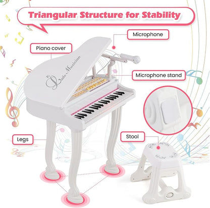 HONEY JOY Classical Kids Piano, 37-Key Toy Mini Grand Piano with Music Stand & Stool, Portable Electronic Educational Musical Instrument Toy w/ Microphone, Lights, Gift for Kids (White, 37 Keys)