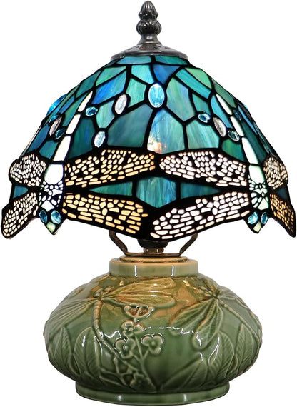 Small Tiffany Lamp Mushroom Table Lamp, Mini Stained Glass Desk Light Memory Sympathy Ceramic lamp 8X11 Inch (Sea Blue Dragonfly Style)