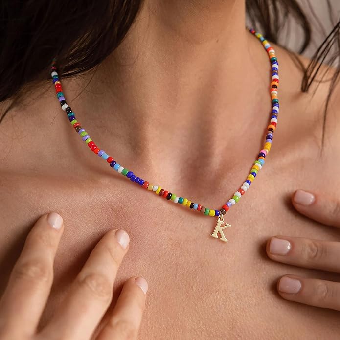Yoosteel Colorful Beaded Initial Necklaces for Girls Gifts - Cute Initial Necklaces for Girls Kids Jewelry A-Z Letter Choker Necklace for Women Birthday Gifts for Teens Daughter Niece Granddaughter