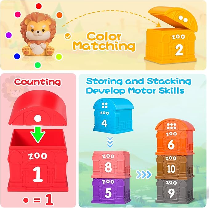 Oriate Animal Toddler Learning Toys, Sensory Learning Toy Safari Animal for Counting Sorting, Zoo Animals Educational Finger Puppets Stacking Montessori Toys, Kids Birthday Gift 20Pcs 12M+