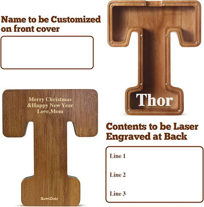 Summidate Customized Name Extra Large Wooden Piggy Bank for Kids Boys Girls Alphabets Letter A-Z Coins Bills Money Change Saving Box Clear Cover (Laser Engraved) Educational Toys 12"- Letter T