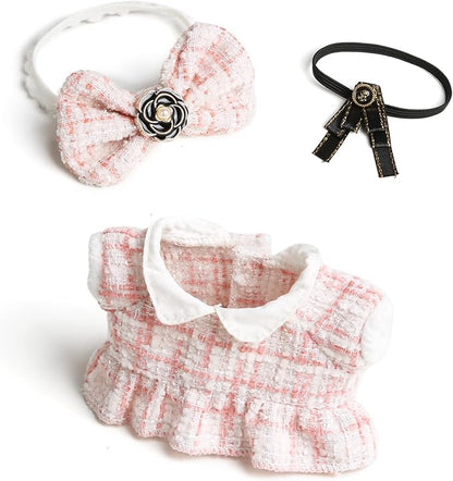 17cm Doll Clothes for Labubu - Luxury Chic Style Set for 17cm Dolls Outfit - Accessories for Dolls Clothes -Pink Plaid Tweed Dress + Black Necktie + Pink Bow (No Doll)