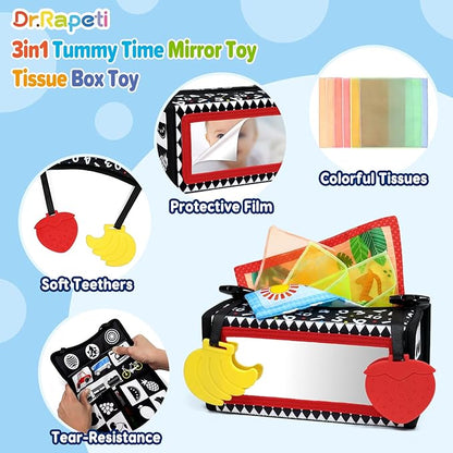 Dr.Rapeti Tummy Time Mirror, Tissue Box Toy, 3in1 Black and White High Contrast, Double-Sided Foldable Sensory Montessori Toy, Crinkle Silk Scarves Teethers 0-6 6-12 Month Newborn Infant Baby