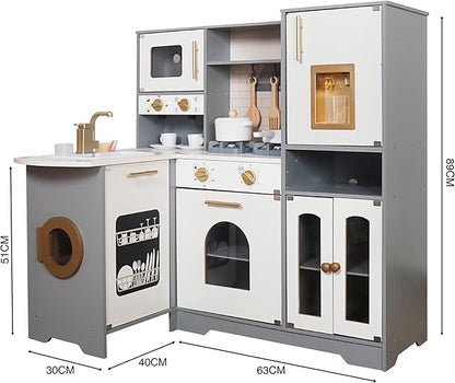 Large Wooden Corner Toy Kitchen Playsets with Real Running Water, 2 in 1 Water Dispenser with Ice Maker, Play Stove with Light and Sounds for Toddlers, Preschoolers, Children Age 3+ Years
