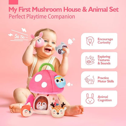 hahaland Baby Toys 6-12 Months - Montessori Toys for 6 Month Old Girl, My First Mushroom House with Stuffed Jungle Animals, Rattle, Crinkle Paper, Mirror, Sensory Toddler Toy for 1 Year Old Girl Gifts