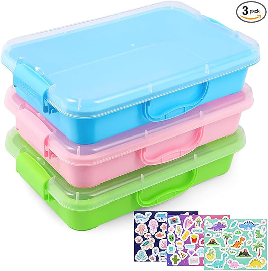 3 Pcs Sensory Bin Sand Tray with Lid & 3 Stickers, Stackable Plastic Storage Containers, Portable Sandbox Toy, Organizers for Toys, Sand, Arts, Crafts (Blue, Green, Pink)