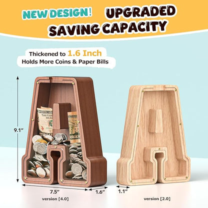 Summidate Wooden Letter Piggy Bank, Extra Thick Large Capacity Piggy Bank for Kids Boys Girls Toddler, Alphabet U Money Bank| Coin Box Birthday, Christmas, Festival