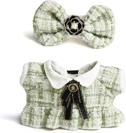 17cm Doll Clothes for Labubu- Luxury Chic Style Set for 17cm Dolls Outfit - Accessories for Dolls Clothes -Green Plaid Tweed Dress + Black Necktie + Green Bow (No Doll)