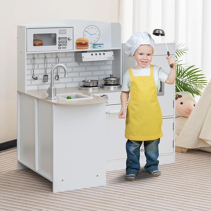 Costzon Corner Kids Kitchen Playset, 8-in-1 Wooden Toy Kitchen Set with Realistic Microwave, Oven, Stove, Refrigerator, Range Hood, Pretend Play Kitchen for Toddlers Boys Girls