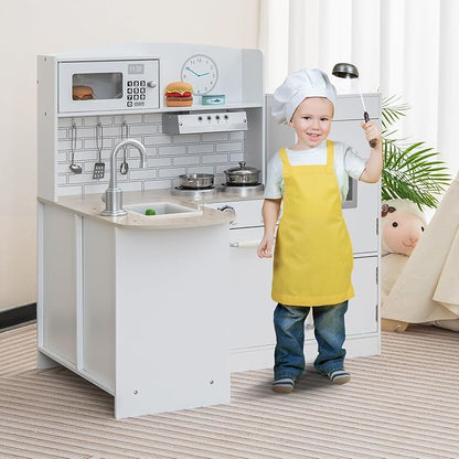 Costzon Corner Kids Kitchen Playset, 8-in-1 Wooden Toy Kitchen Set with Realistic Microwave, Oven, Stove, Refrigerator, Range Hood, Pretend Play Kitchen for Toddlers Boys Girls